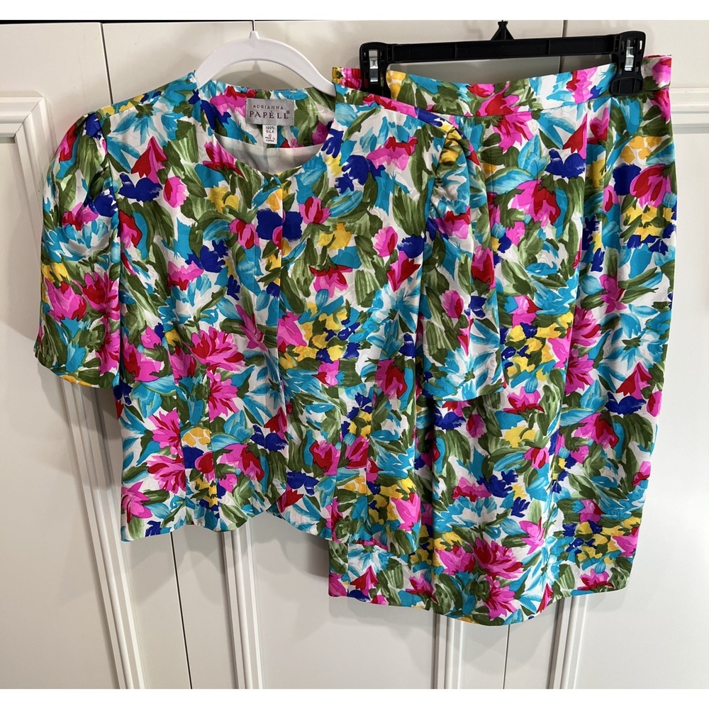 Vintage Adrianna Papell Bright Floral Silk Skirt Suit Set 80s Vibrant Colorful